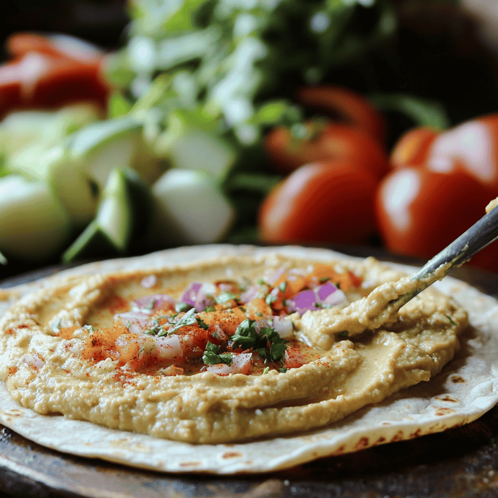 A close-up of hummus being spread on a tortilla, ready for fresh vegetables.