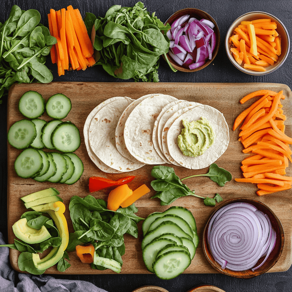 Fresh ingredients for hummus veggie wraps, including vegetables and hummus, arranged on a wooden surface.