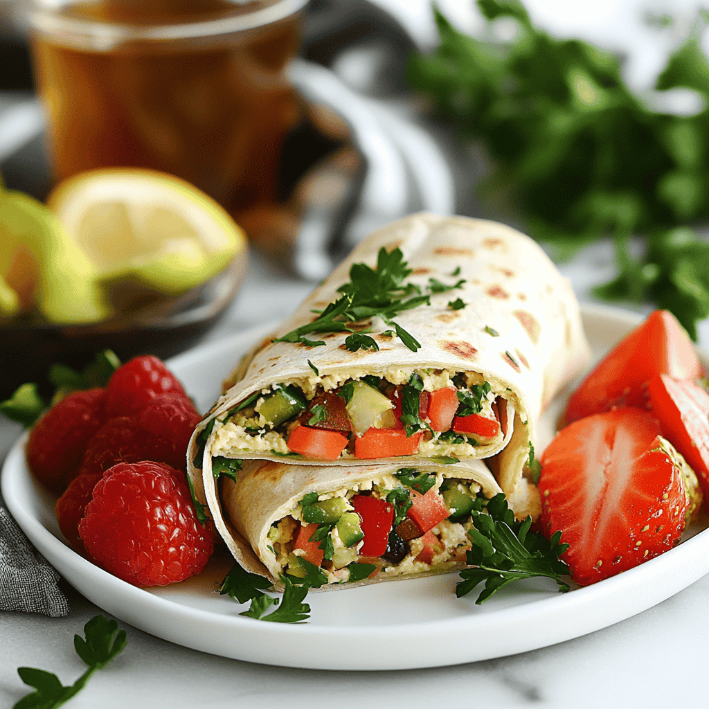 A hummus veggie wrap served on a plate with a side of fresh fruit and a refreshing drink.