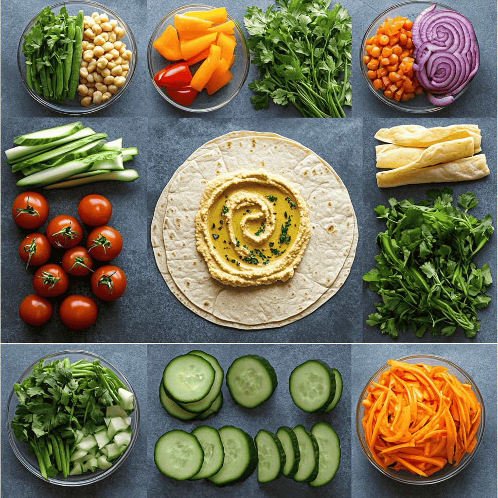 A step-by-step process of making a hummus veggie wrap, from assembling to rolling.