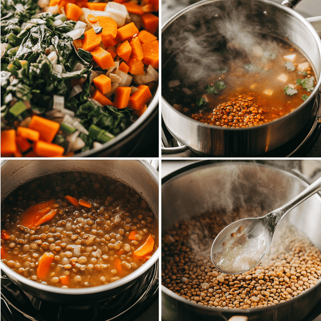 A collage of steps for preparing lentil soup, from sautéing to simmering.