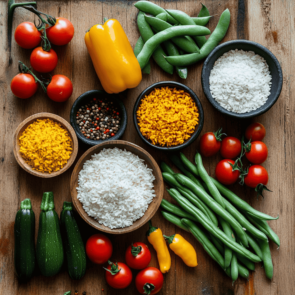 Fresh ingredients for vegetable paella arranged neatly, highlighting the vibrant colors of the vegetables.