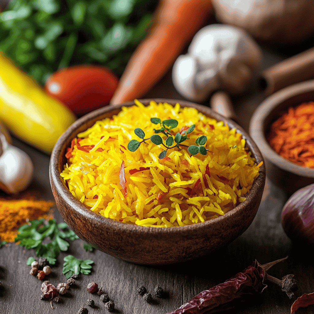 A close-up of saffron threads and short-grain rice, the key ingredients for paella.