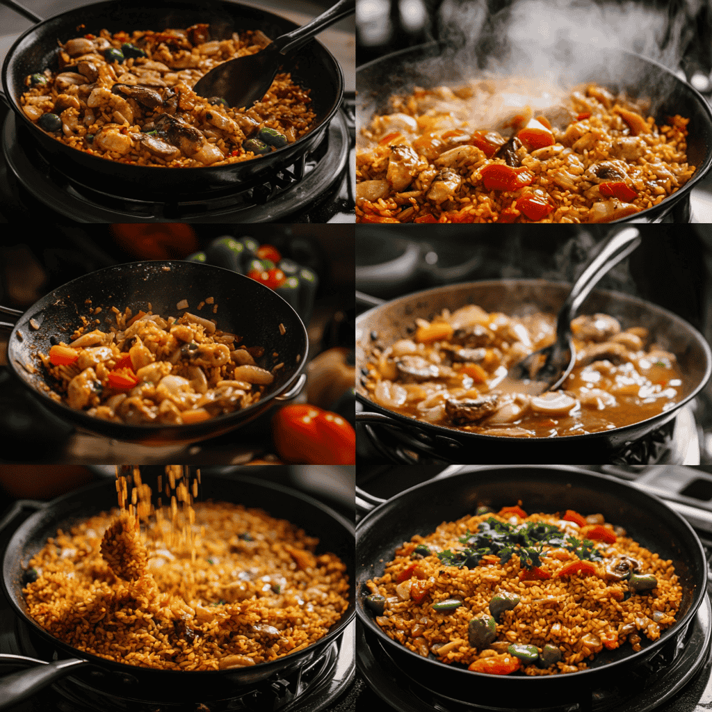 A collage of steps to prepare vegetable paella, including sautéing and simmering.