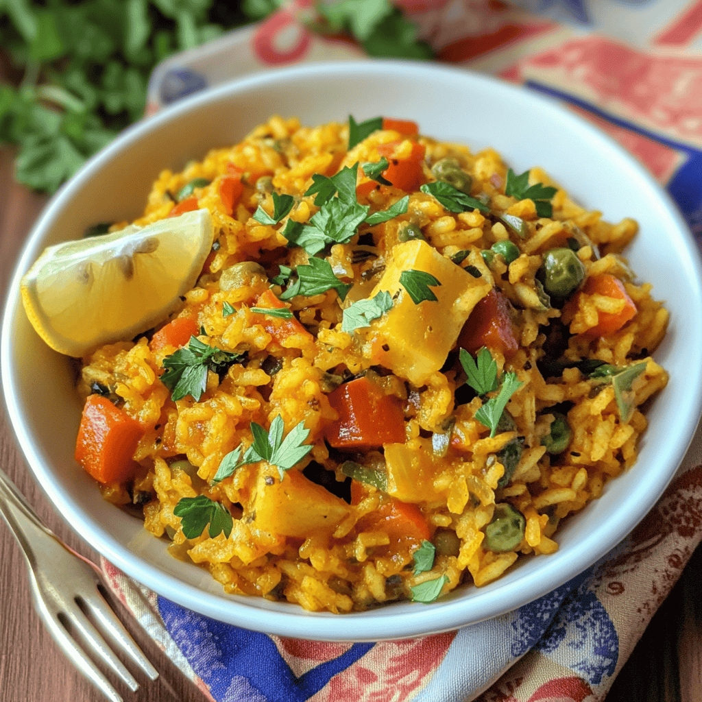 A single serving of vegetable paella garnished with parsley and lemon, ready to enjoy.