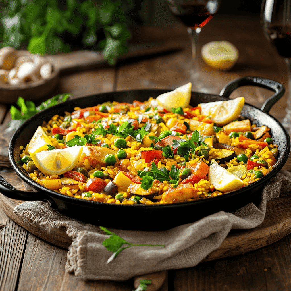 A colorful vegetable paella in a traditional black paella pan, garnished with fresh parsley and lemon wedges, placed on a rustic wooden table with wine glasses and fresh herbs in the background.