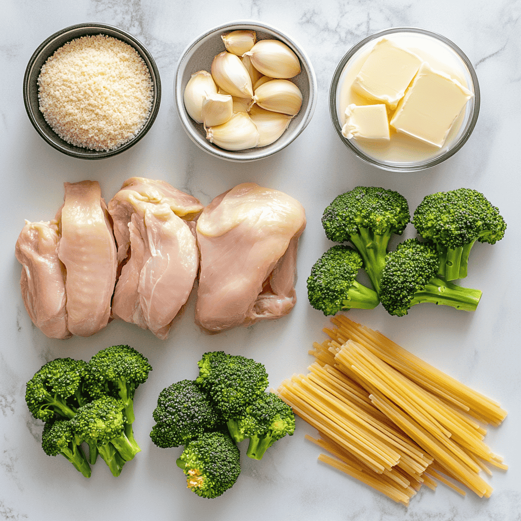 Fresh ingredients for chicken and broccoli Alfredo arranged on a countertop.