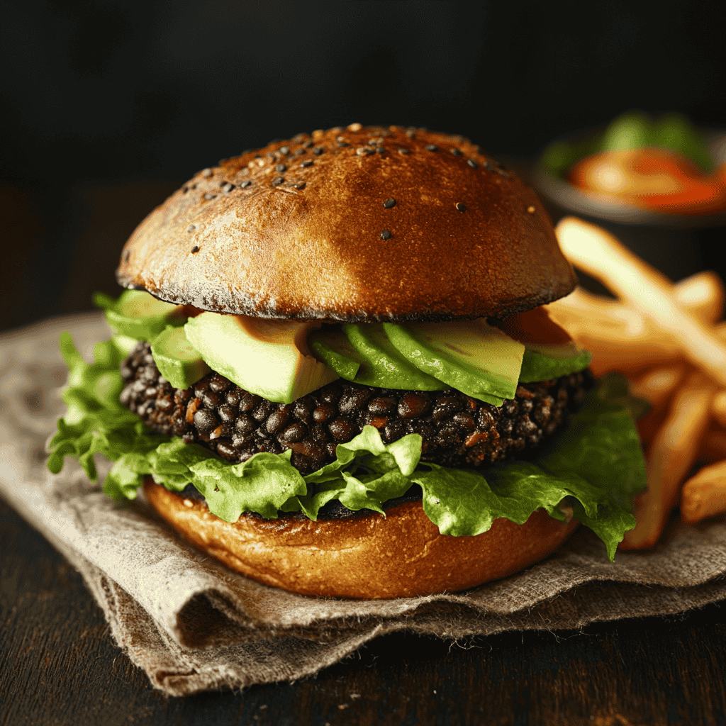 A black bean burger with avocado and lettuce, served on a rustic napkin with fries.