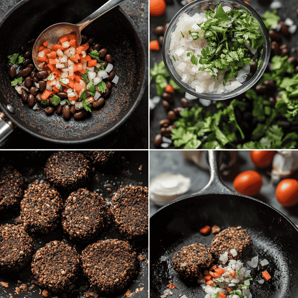 A step-by-step collage showing the process of making black bean burgers.