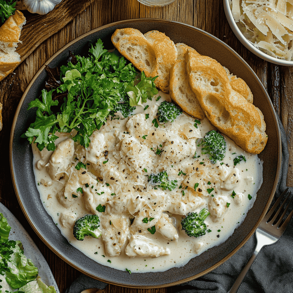 Creamy Garlic Parmesan Chicken with Broccoli, served with crispy baguette slices and fresh greens on a rustic wooden table.