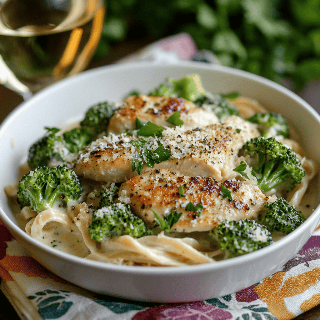 Chicken and broccoli Alfredo served in a bowl, garnished with parsley and Parmesan, with wine on the side.