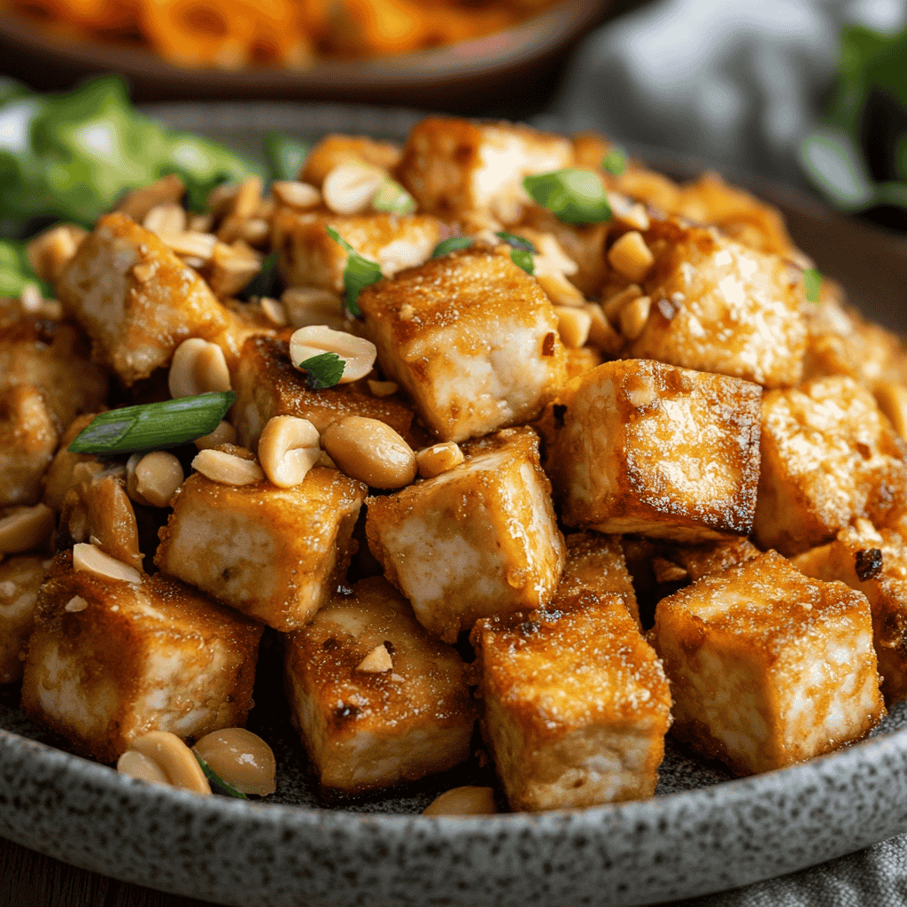 Crispy golden tofu cubes ready for stir-frying.