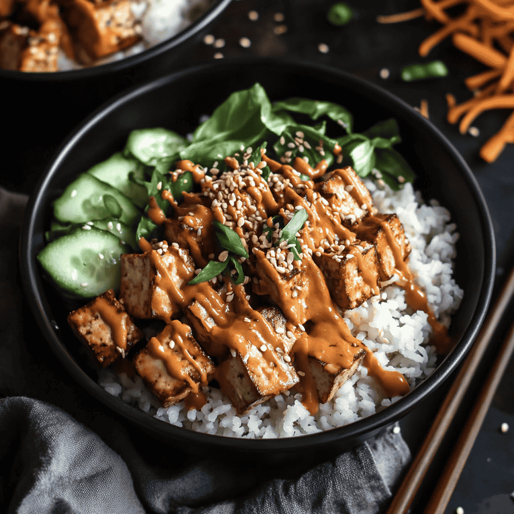 A black bowl filled with tofu stir-fry served over white rice, topped with creamy peanut sauce, fresh cucumber slices, leafy greens, sesame seeds, and green onions, with chopsticks and shredded carrots in the background.