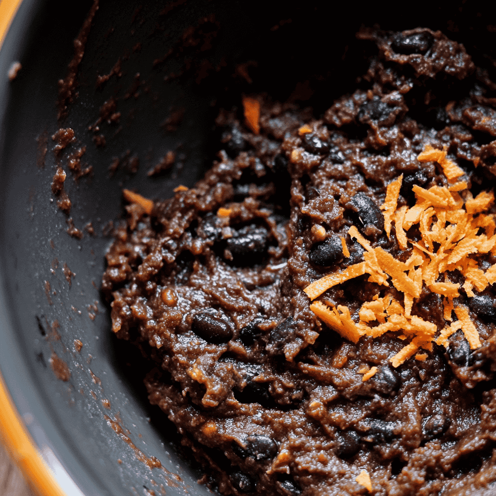 A bowl of mashed black beans with spices and grated carrots ready for mixing.