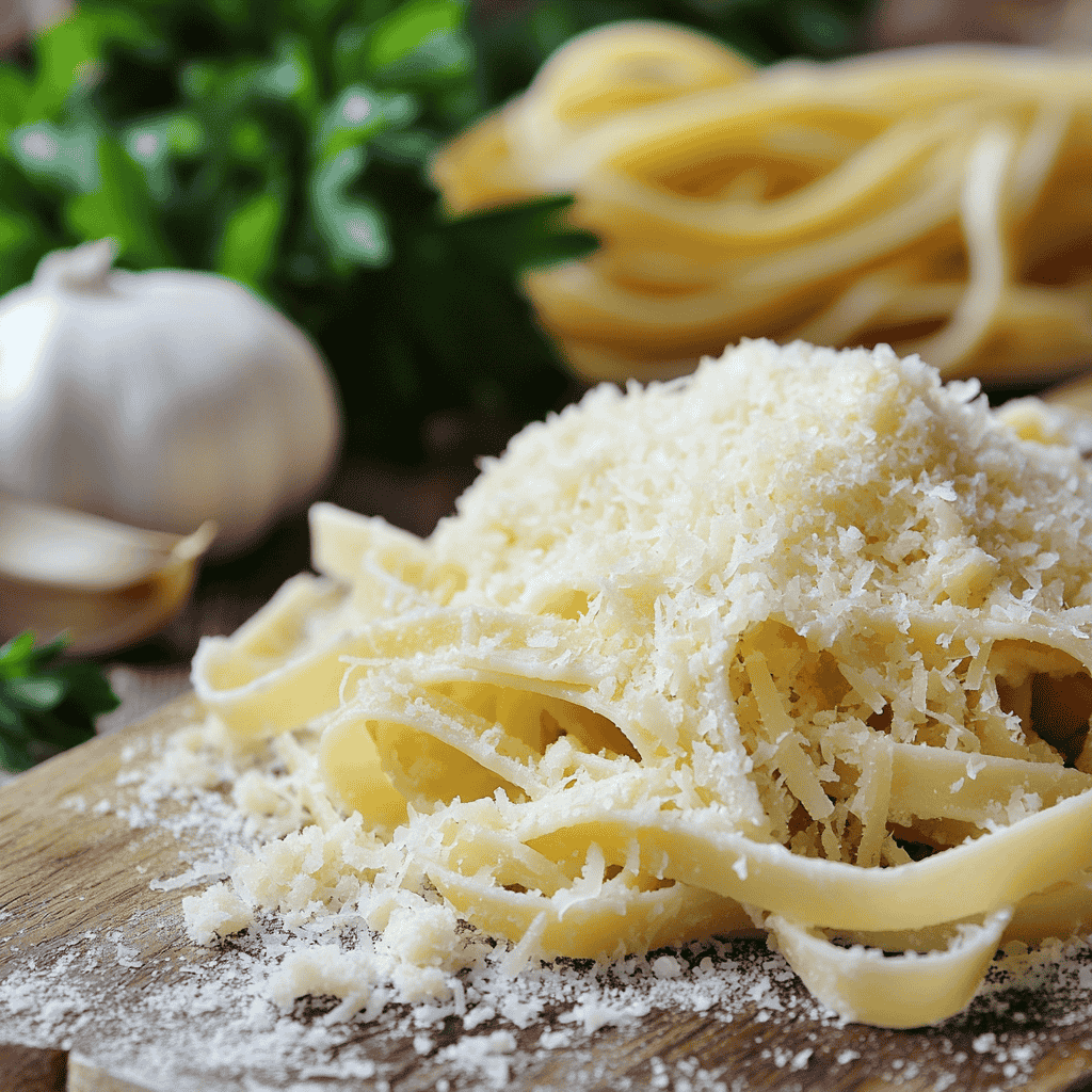 Parmesan cheese and uncooked fettuccine pasta ready for cooking.