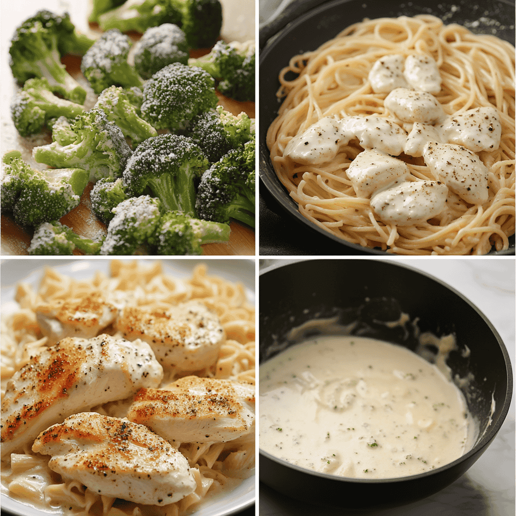 A collage showing the preparation steps for chicken and broccoli Alfredo.