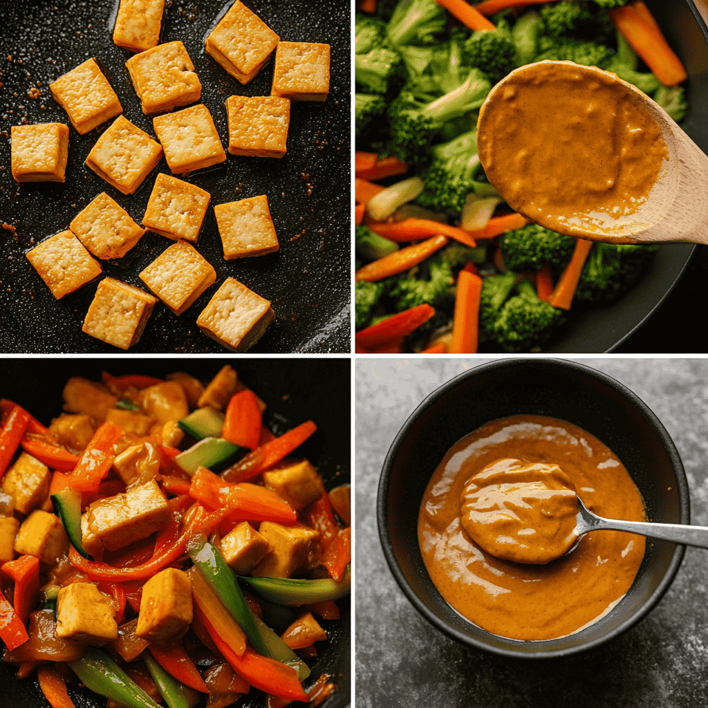 A collage showing steps for preparing tofu stir-fry with vegetables and peanut sauce.