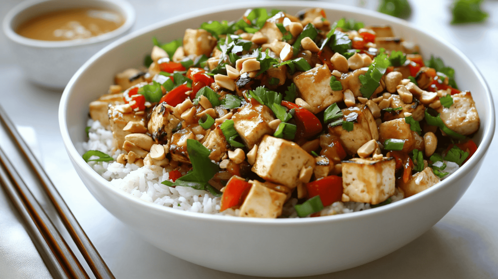 A white bowl filled with tofu stir-fry served over white rice, topped with diced red peppers, peanuts, green onions, and a glossy sauce. A small bowl of peanut sauce and chopsticks are visible in the background.