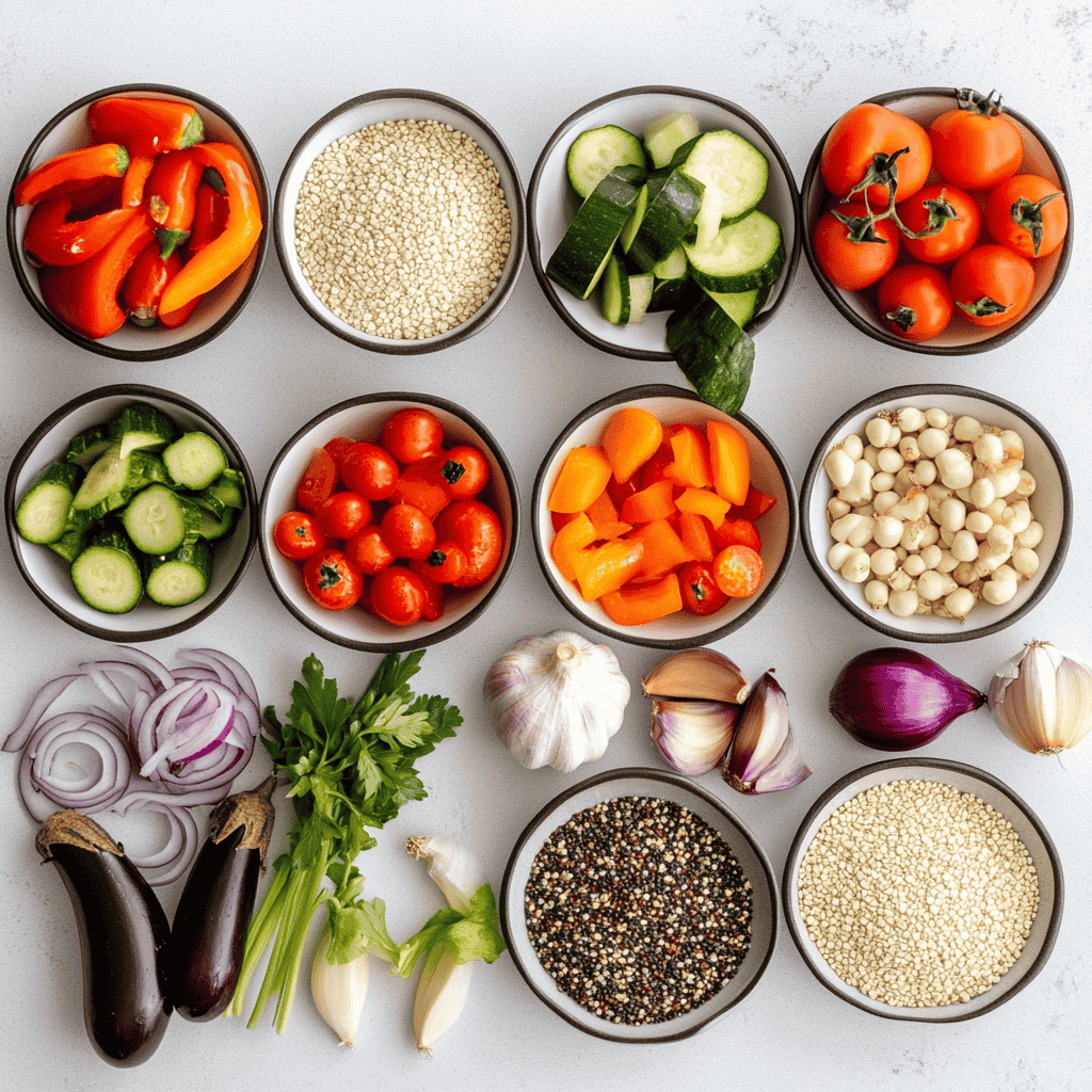 Fresh ingredients for quinoa salad, including vegetables, quinoa, and spices, on a countertop.