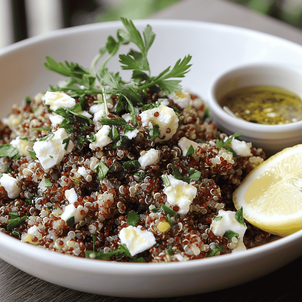 Quinoa salad served in a bowl with feta and fresh herbs, accompanied by a lemon wedge and dressing.