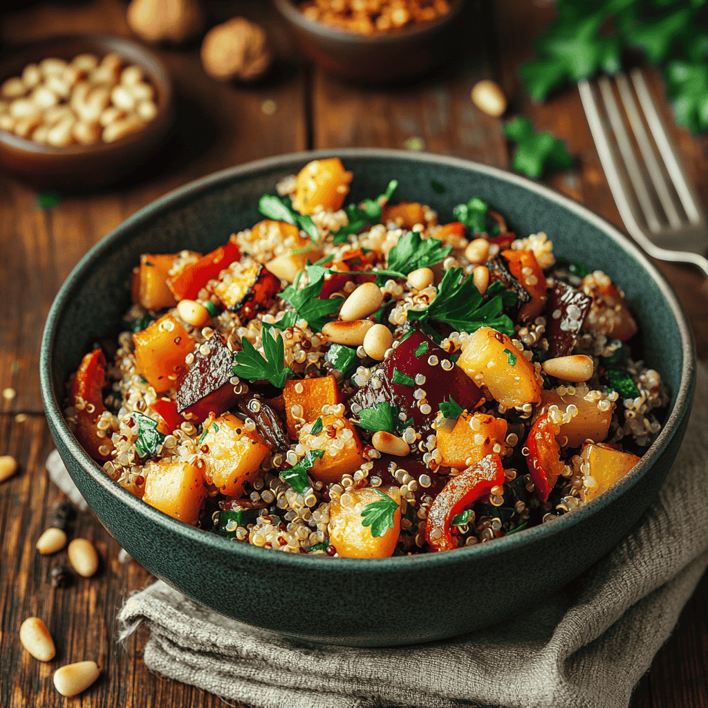 A bowl of quinoa salad with roasted vegetables and parsley on a rustic wooden table.