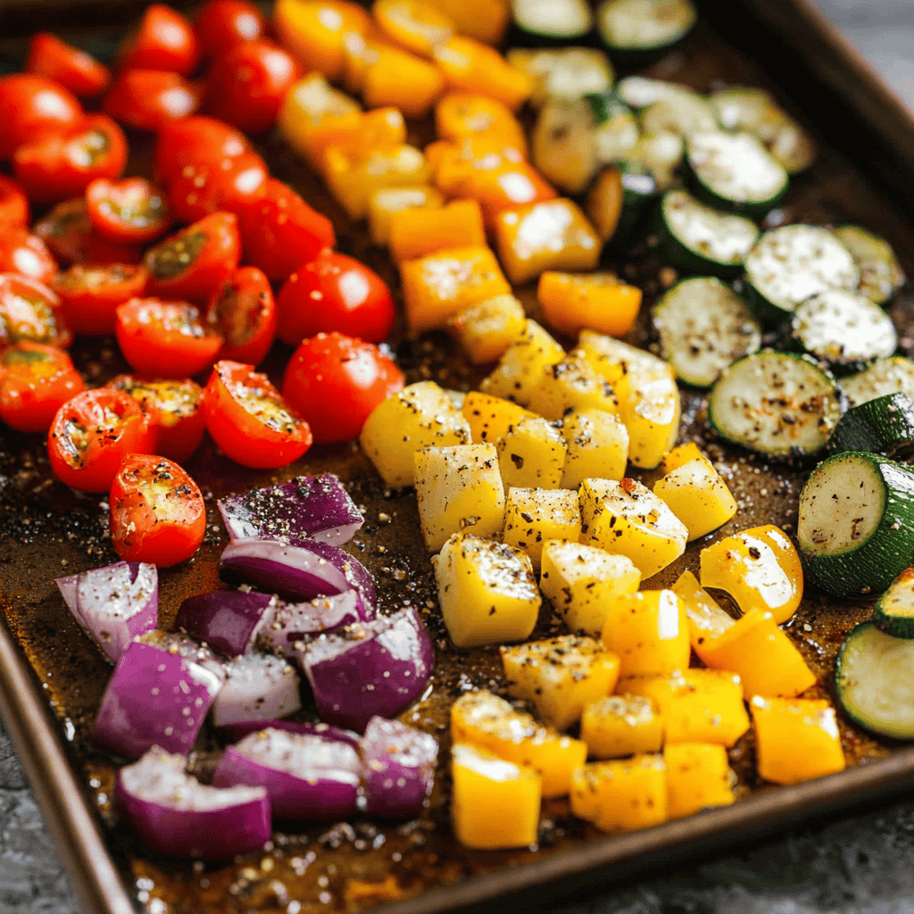 Diced vegetables seasoned with olive oil and spices, ready to be roasted.