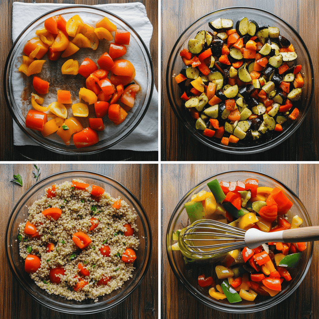 A collage showing steps to prepare quinoa salad with roasted vegetables.