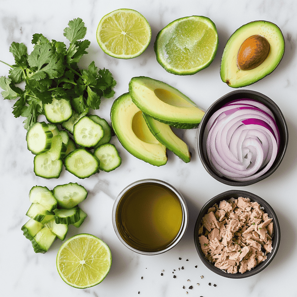 Fresh ingredients for avocado tuna salad including avocados, cucumber, and tuna on a marble surface.