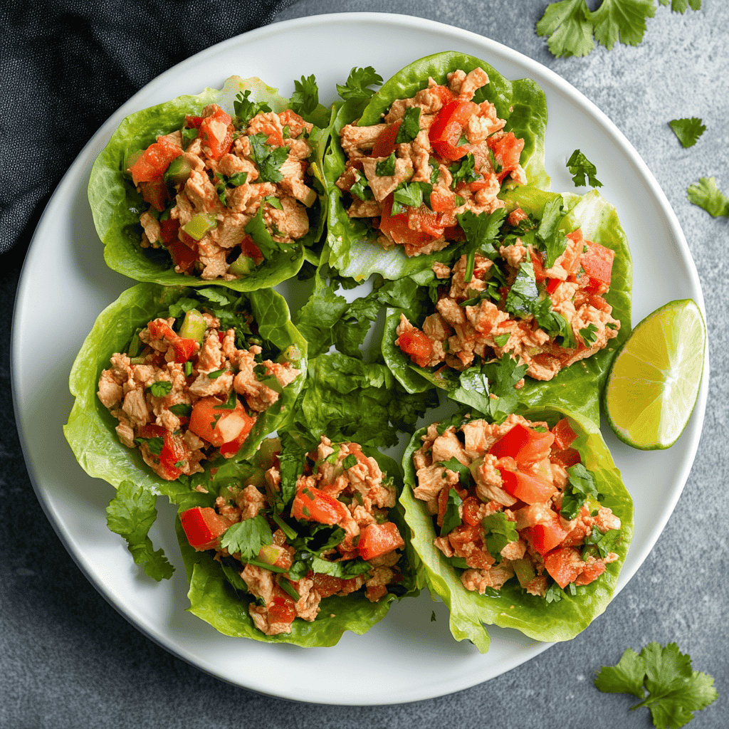 Avocado tuna salad served in lettuce cups with lime wedges and garnished with cilantro.