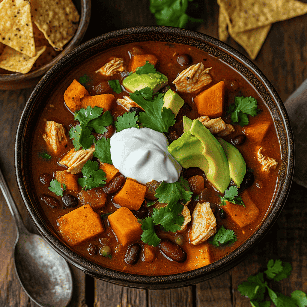 A bowl of chicken and sweet potato chili.