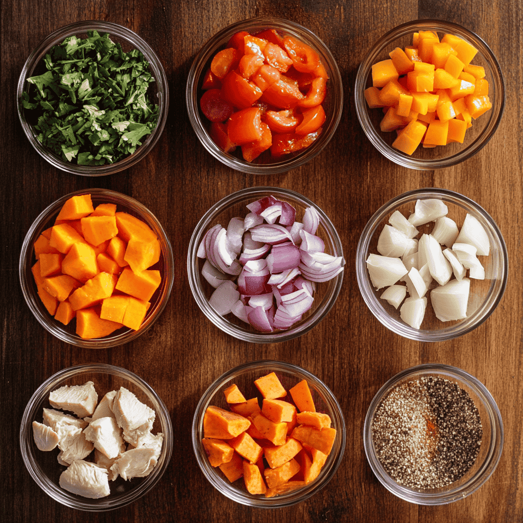 Fresh ingredients for chicken and sweet potato chili arranged on a wooden surface.