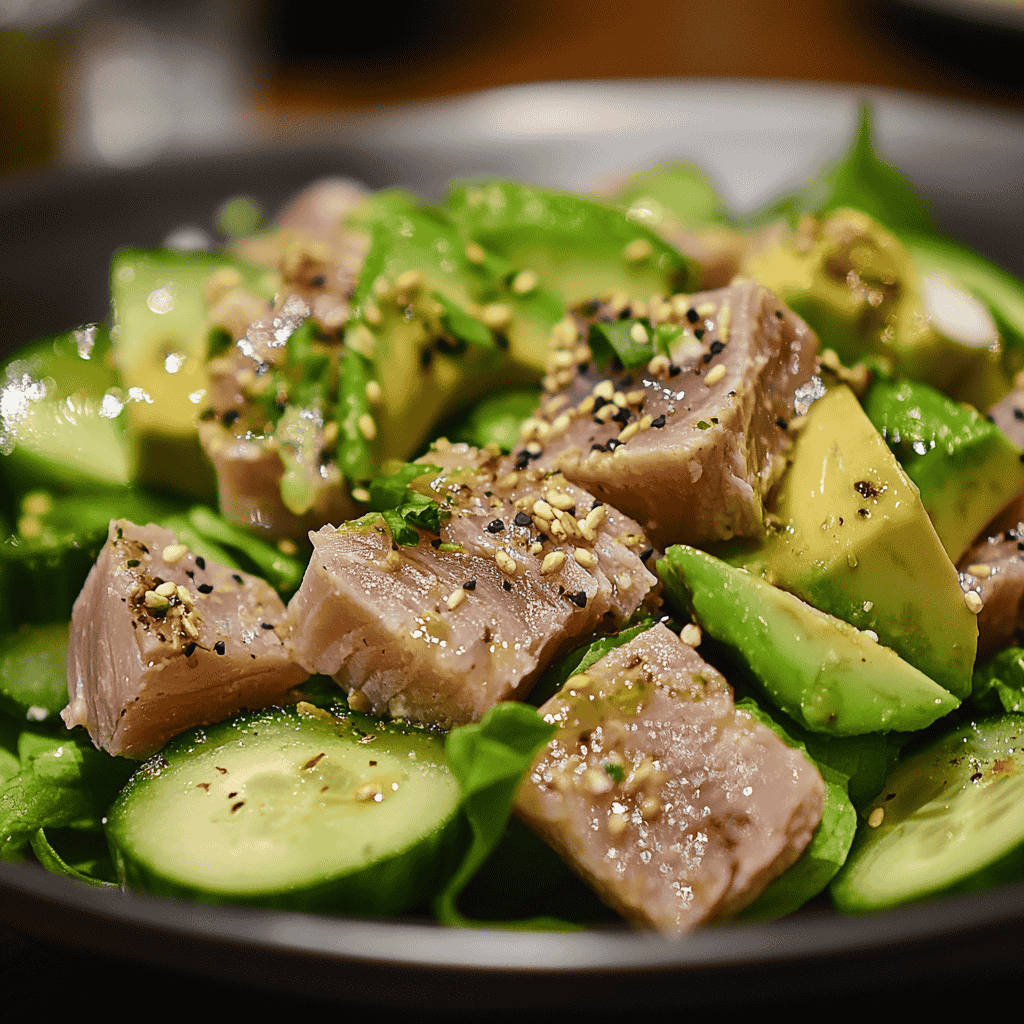 Detailed close-up of creamy avocado, flaky tuna, and crunchy cucumber in a vibrant salad.