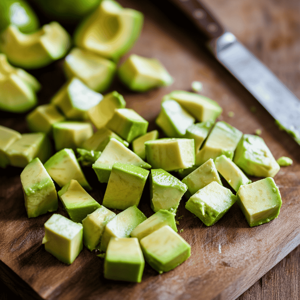 Close-up of diced avocado cubes on a cutting board for salad preparation.