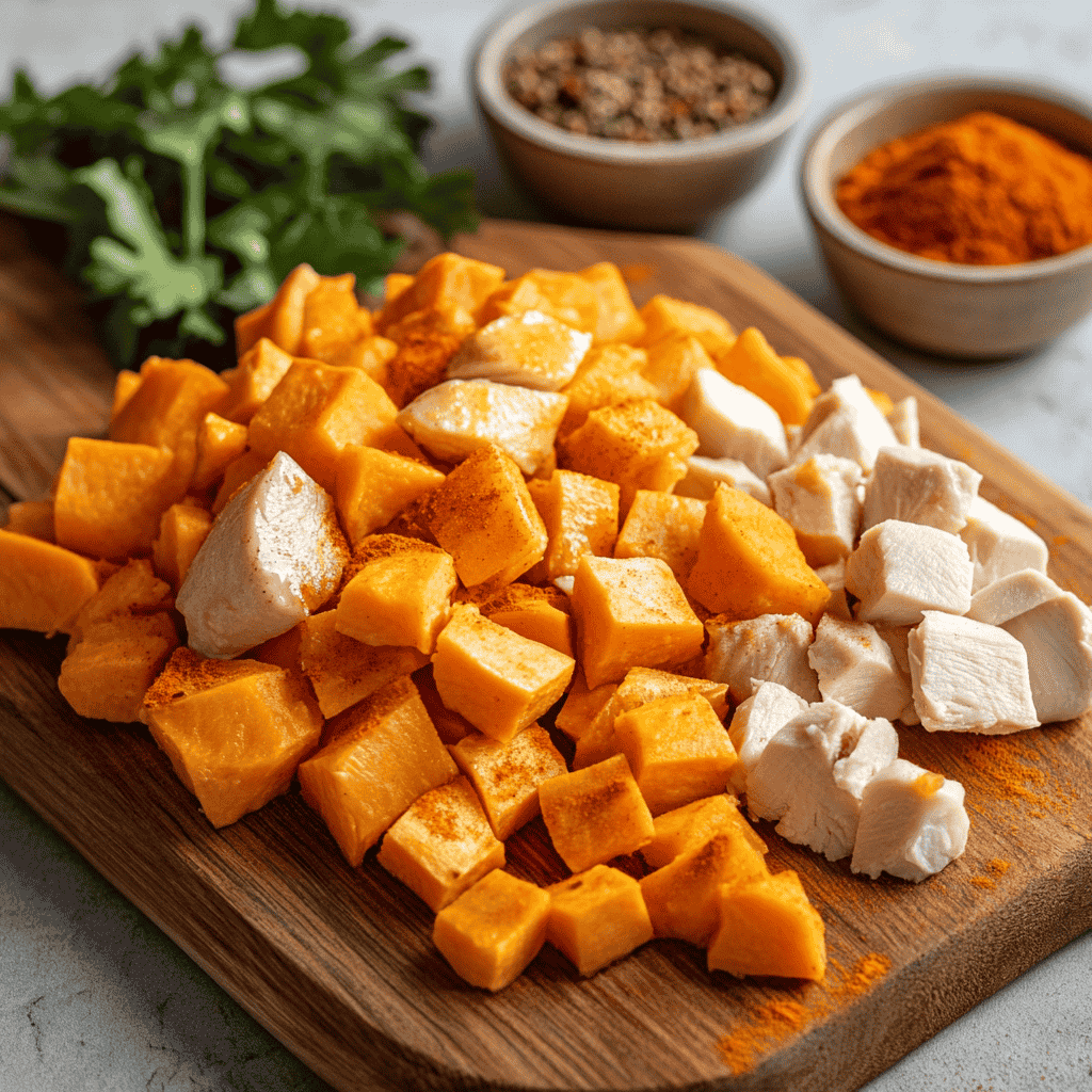 Diced sweet potatoes and chicken with chili spices ready for cooking.