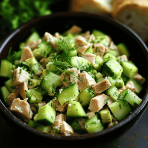 Tuna and cucumber salad with fresh dill and avocado, served in a dark bowl