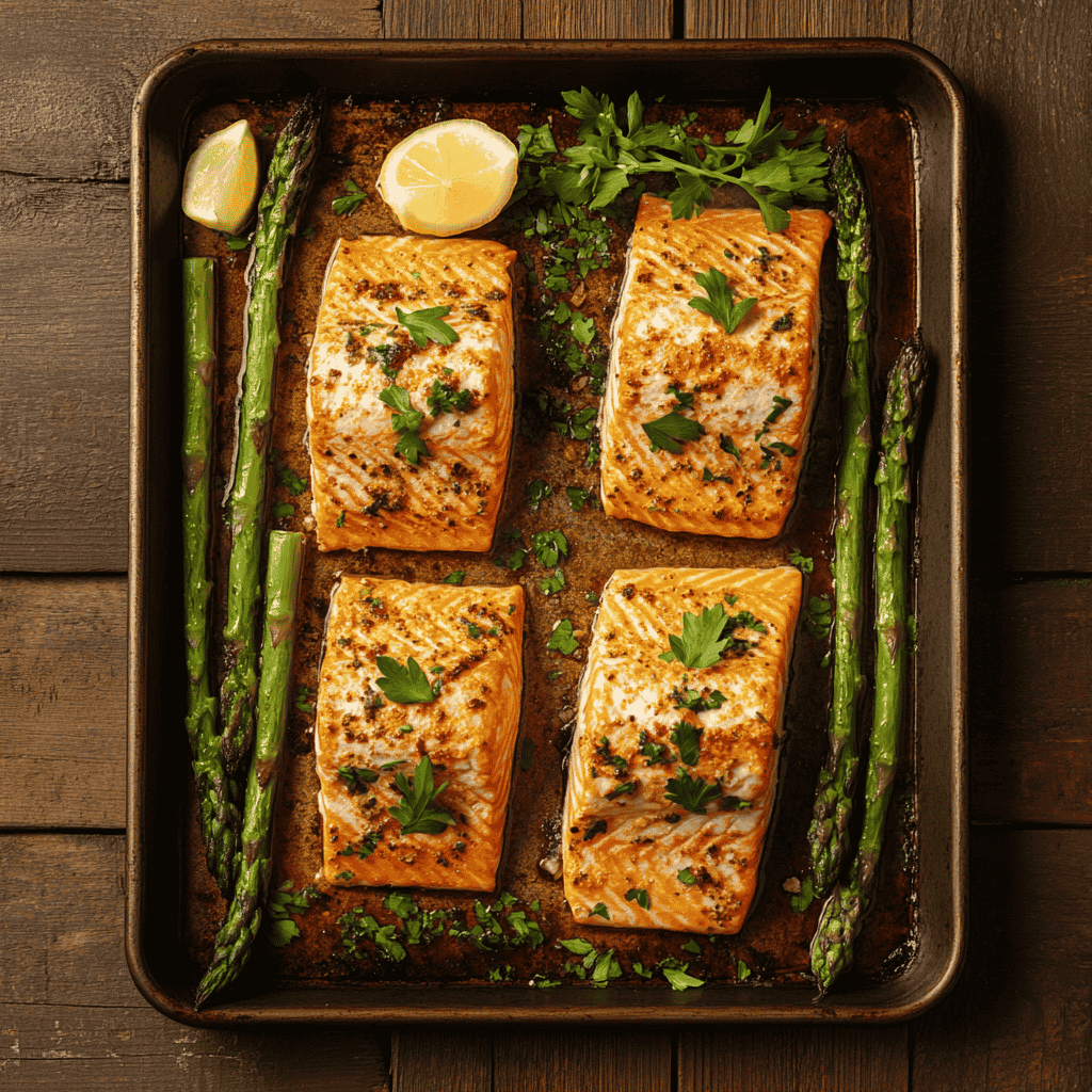 A baking sheet with roasted salmon fillets and asparagus, garnished with fresh parsley and lemon wedges, on a rustic wooden table.