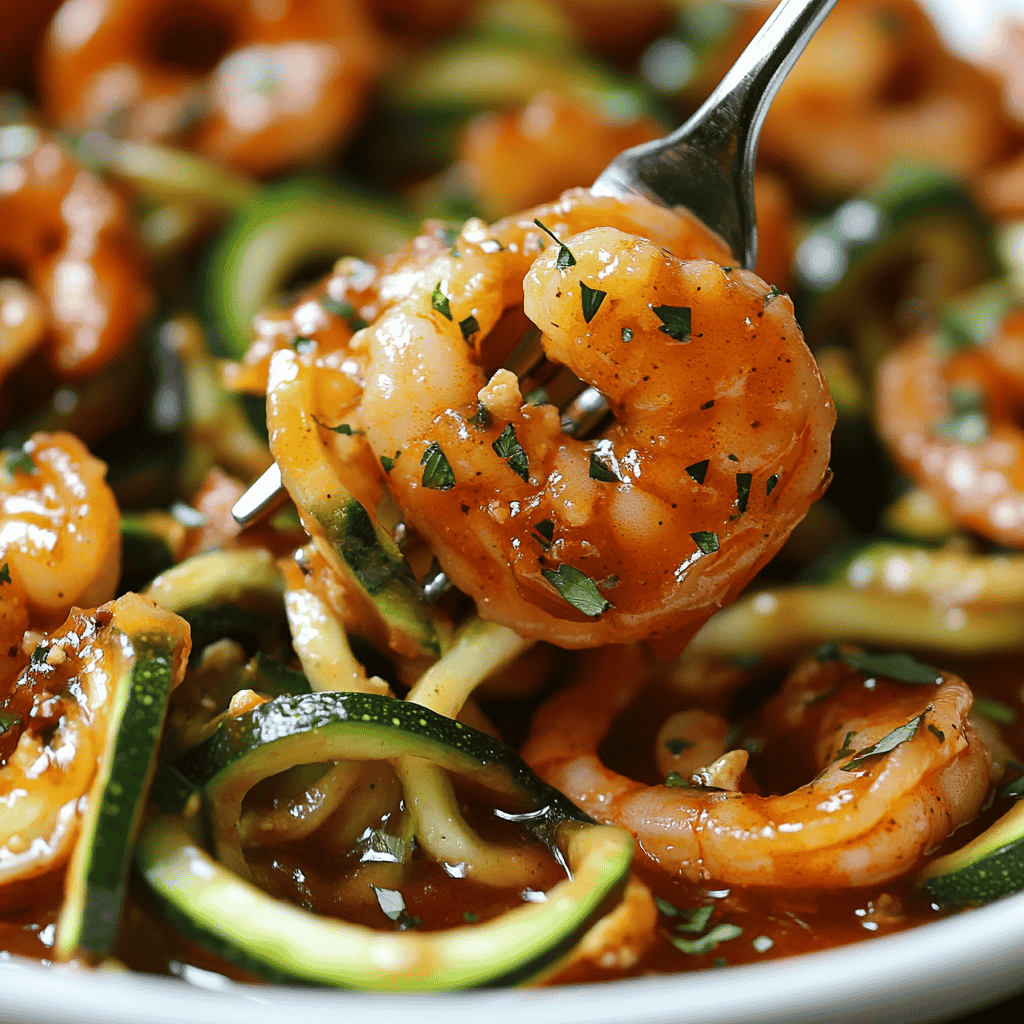 Close-up of zucchini noodles twirled on a fork with a shrimp in focus.