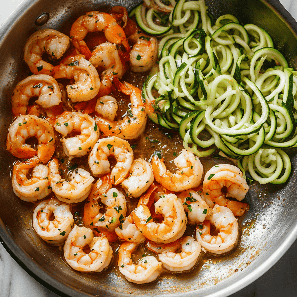 Step-by-step images of cooking zucchini noodle scampi in a skillet.