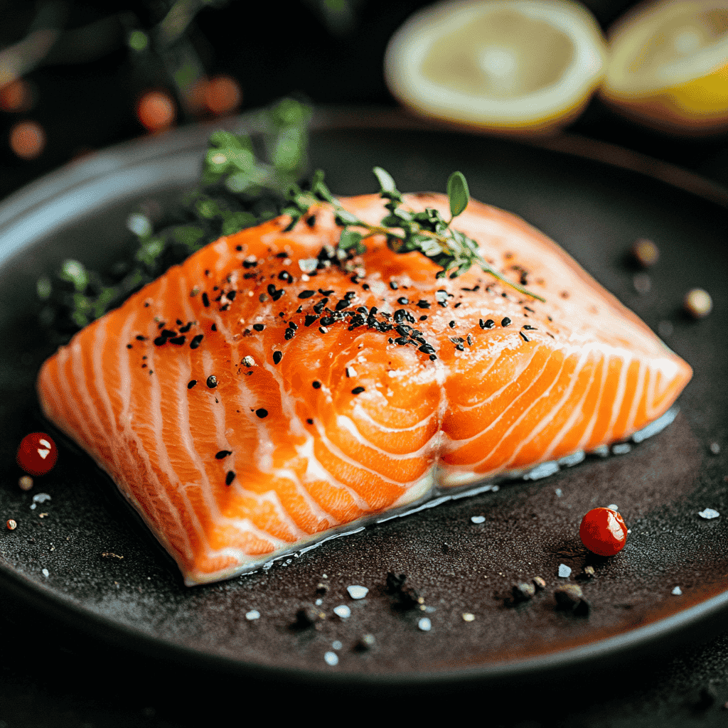 Close-up of a fresh orange salmon fillet with detailed marbling.