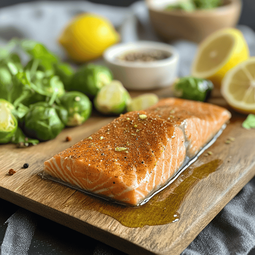 A raw salmon fillet with spices, surrounded by fresh ingredients.