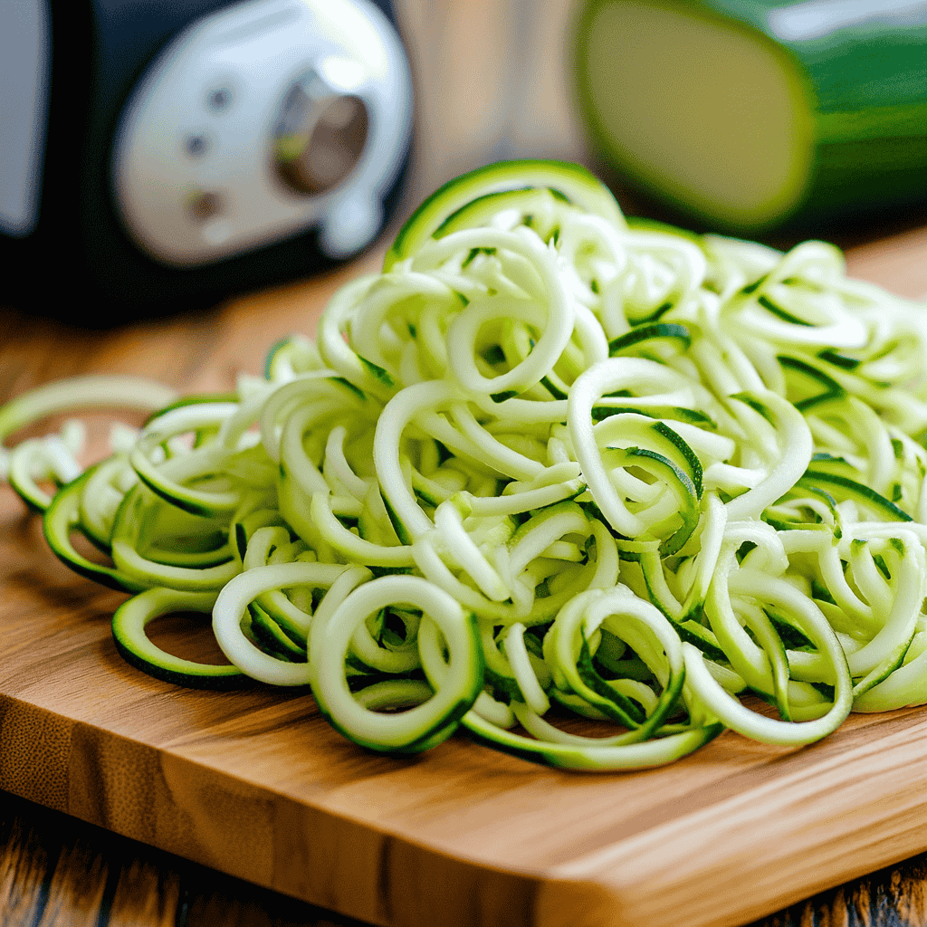 Close-up of fresh zucchini noodles with a spiralizer.