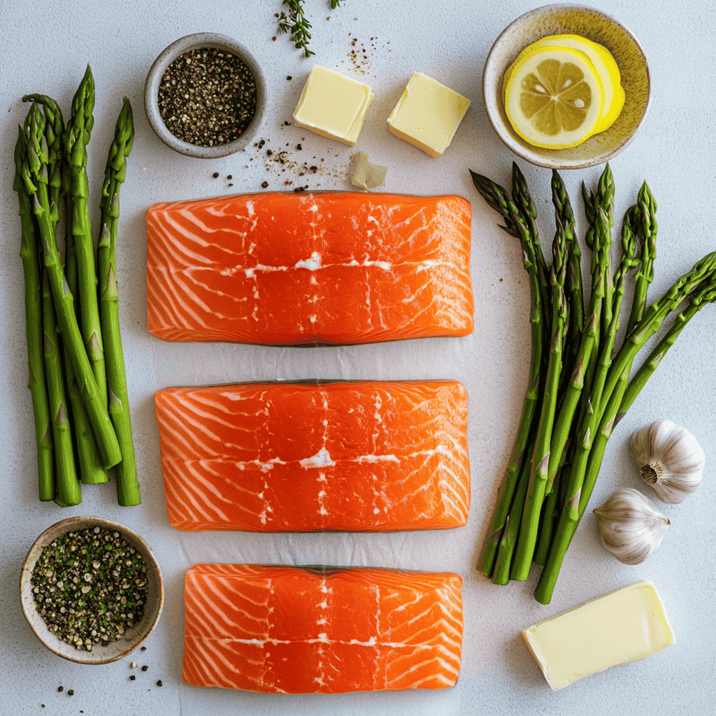 Fresh salmon, asparagus, lemon, garlic, butter, and spices laid out on a countertop.