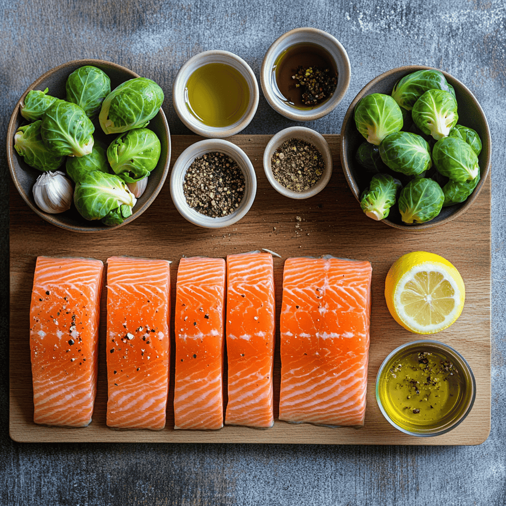 Flat lay of raw salmon fillets, Brussels sprouts, and seasoning ingredients.