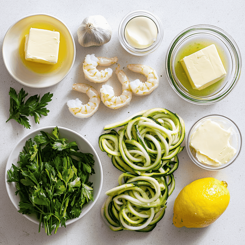 Flat lay of zucchini, shrimp, garlic, parsley, butter, and lemon.