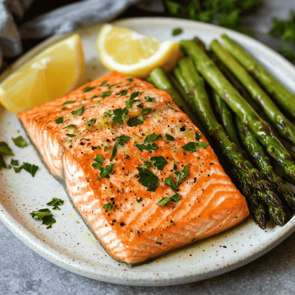 A plate of roasted salmon and asparagus garnished with parsley and lemon.