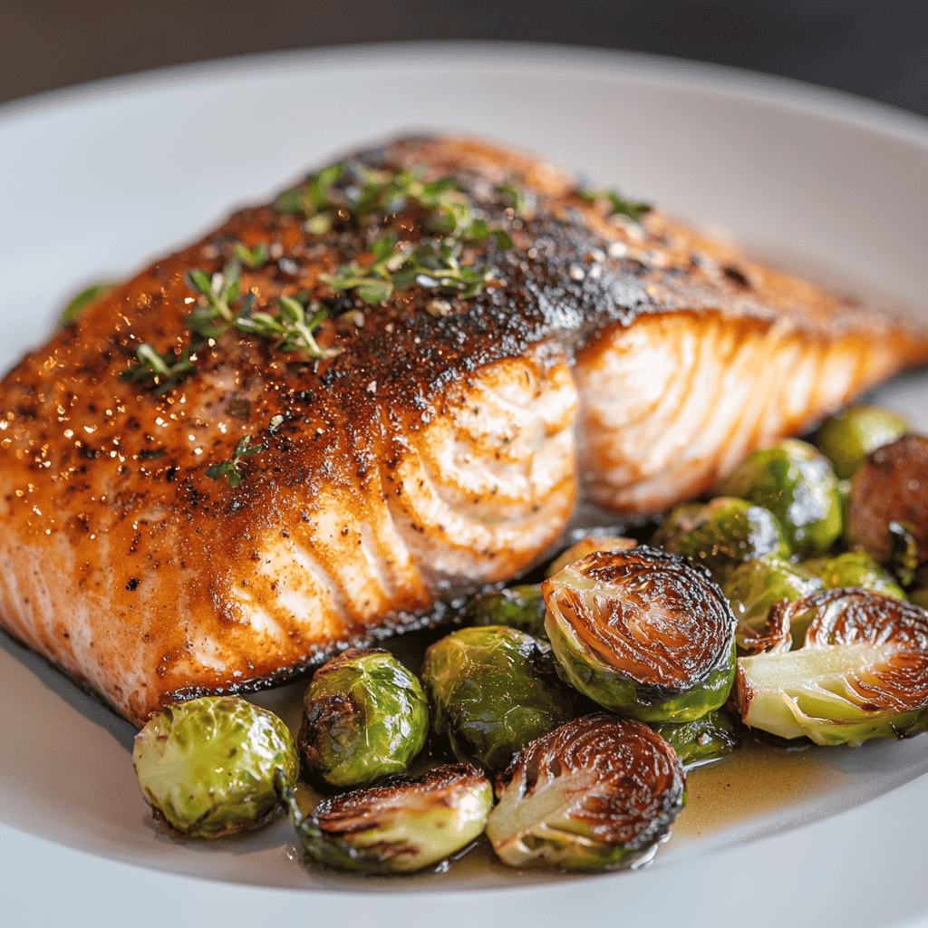 Close-up of a plated salmon dish with roasted Brussels sprouts.