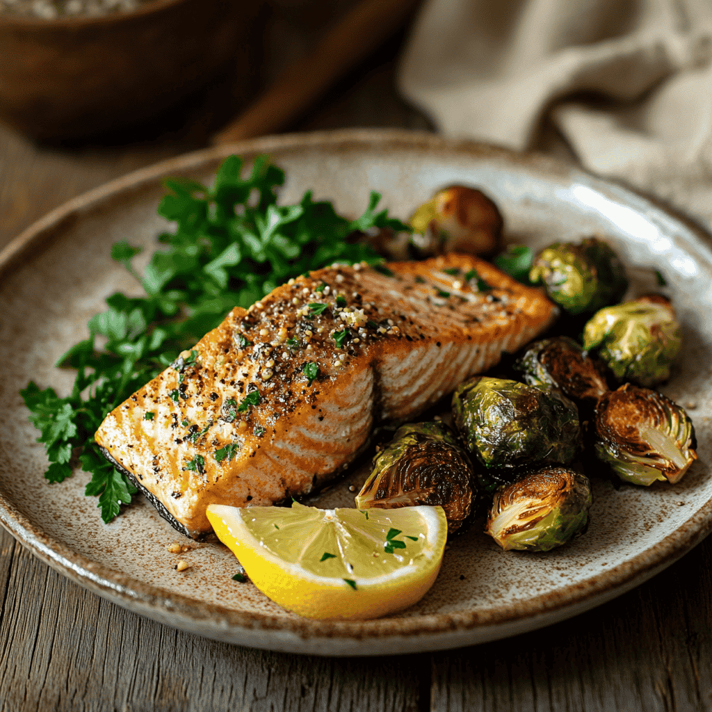 A close-up view of a perfectly cooked salmon fillet served with roasted Brussels sprouts, garnished with parsley and a lemon wedge on a rustic ceramic plate.