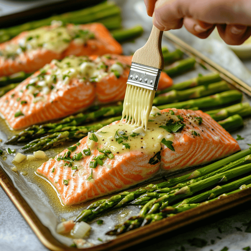 Brushing garlic butter sauce over salmon and asparagus on a baking sheet.