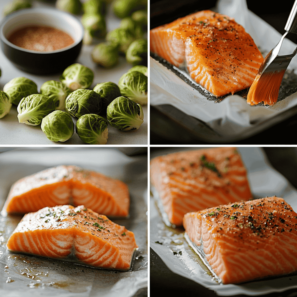 A collage showing the preparation of Brussels sprouts and salmon before cooking.