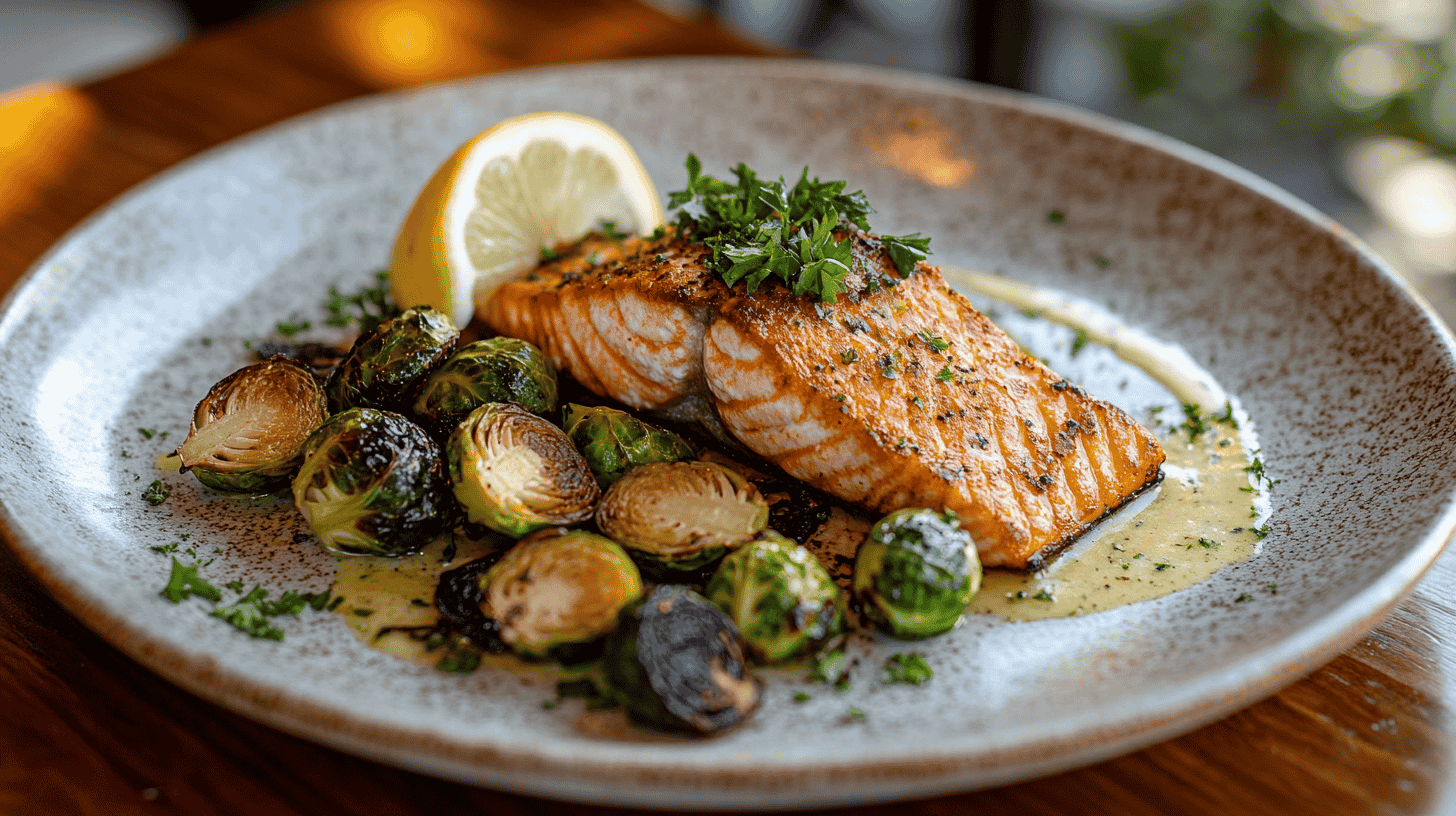 A vibrant plate of salmon and roasted Brussels sprouts with a lemon wedge.